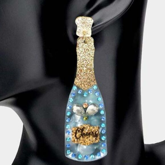 Champagne Bottle Rhinestone Blue Acetate Dangle Earrings - Picture 2 of 6